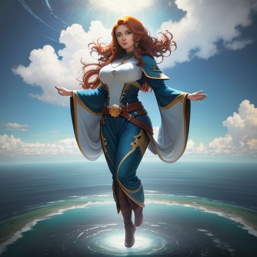 a woman in a blue and white outfit is flying through the air with her arms outstretched and her hands out