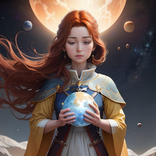 a woman holding a globe in her hands with a full moon in the background and a full moon in the sky