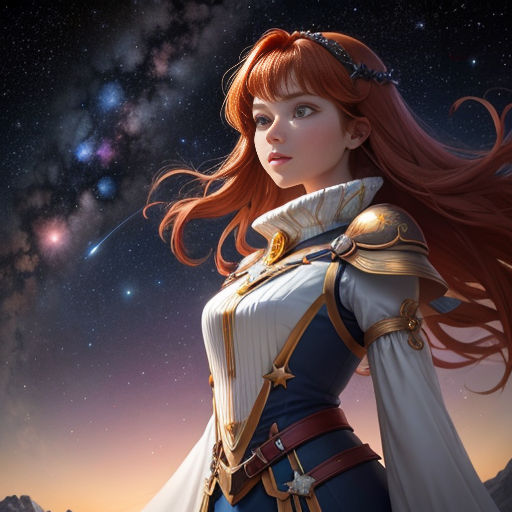 a woman in a dress standing in front of a star filled sky with stars in the background and a sky with stars