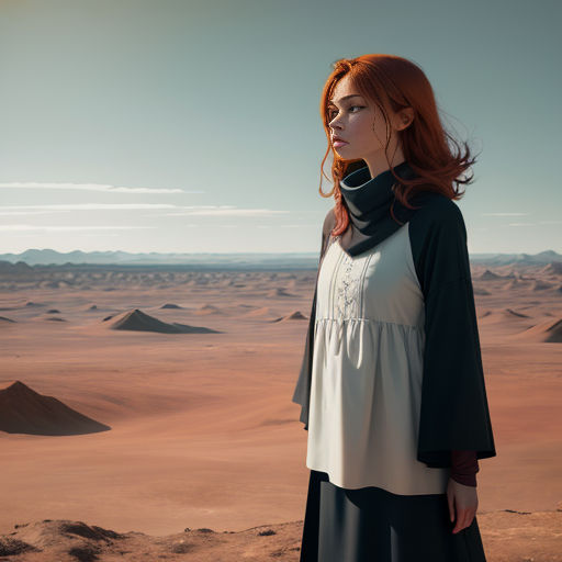 a woman standing in the middle of a desert with a desert landscape in the background and a sky in the background