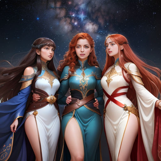 three women dressed in different outfits standing next to each other in front of a night sky with stars and a star filled sky