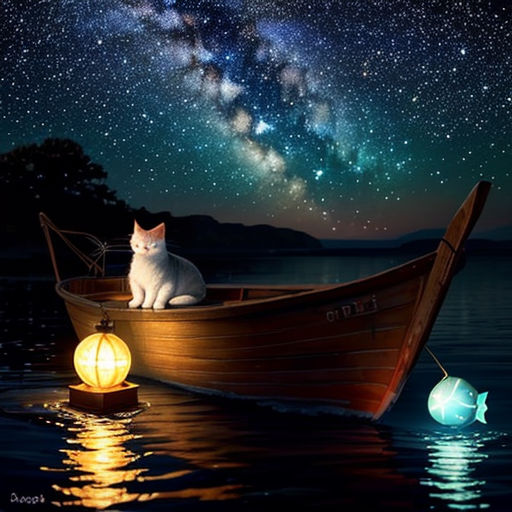 a cat sitting on a boat in the water with a sky full of stars above it and a light bulb in the water