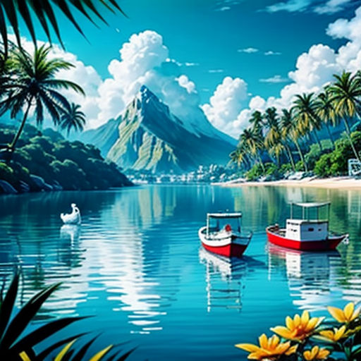 a painting of boats floating on a lake with mountains in the background and palm trees in the foreground