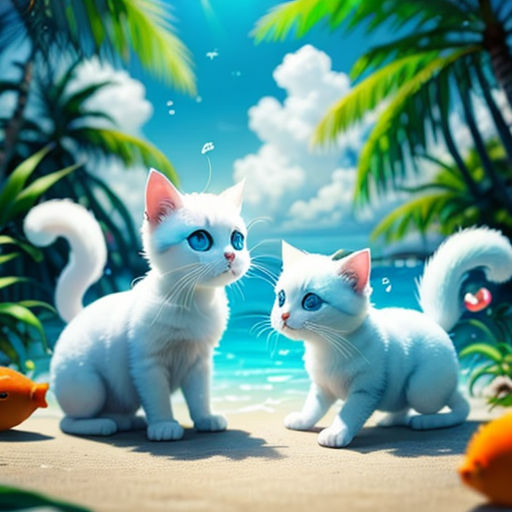 two white kittens are standing on a beach with fish and palm trees in the background, with a blue sky and clouds