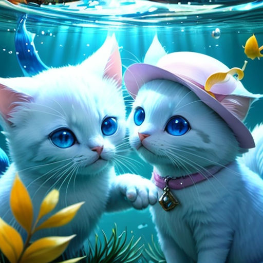 two white cats are standing in the water with blue eyes and hats on their heads, one is touching the other's hand