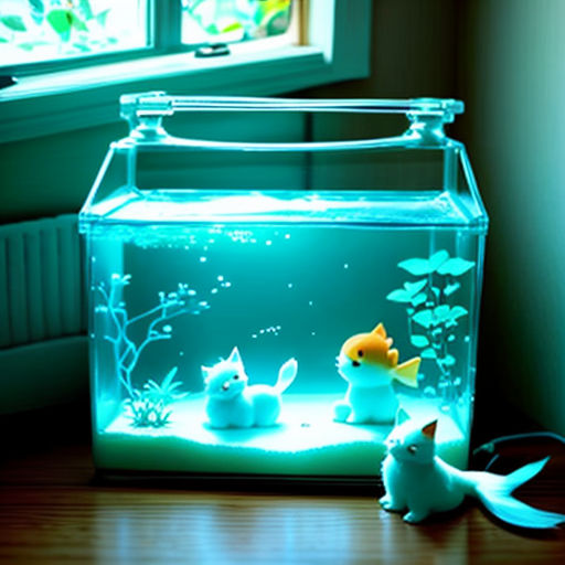 a fish tank with a light inside of it on a table next to a cat toy and a window