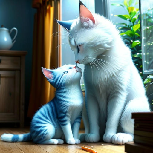 a cat and a kitten are sitting on the floor and one is touching the other's face with its paw
