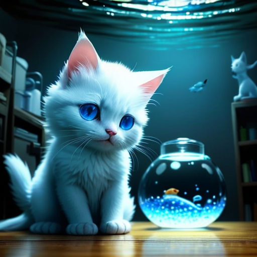 a white kitten sitting on a table next to a fish bowl and a fish bowl with a fish in it