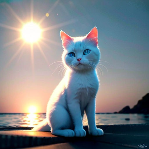 a white cat sitting on top of a wooden floor next to the ocean at sunset with the sun shining