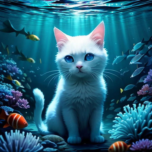 a white cat sitting on top of a blue ocean floor next to a fish tank with a light shining on it