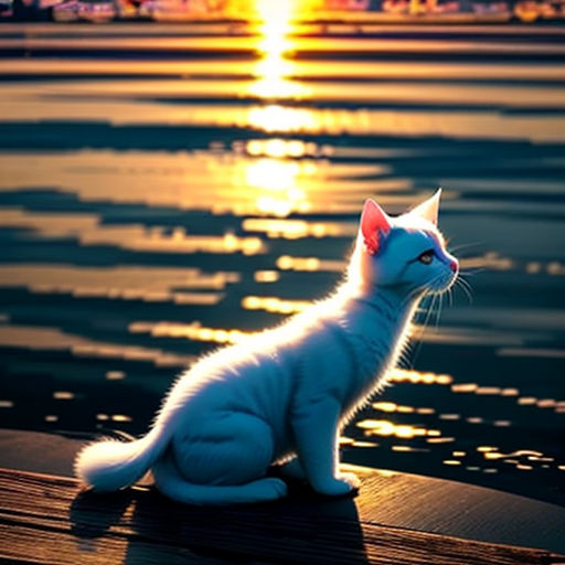 a white cat sitting on a dock looking at the sunset over the water with a city in the background