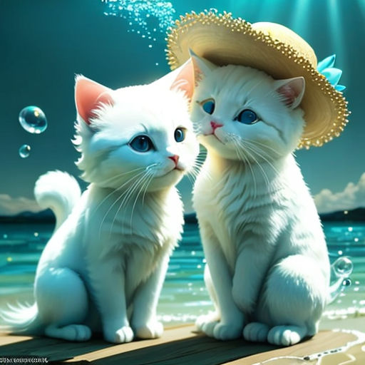 two white cats sitting on a dock with bubbles in the air and a sky background with stars and clouds