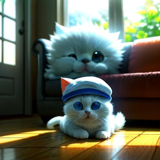 a white cat with blue eyes sitting on a wooden floor next to a couch and a window with a cat's head