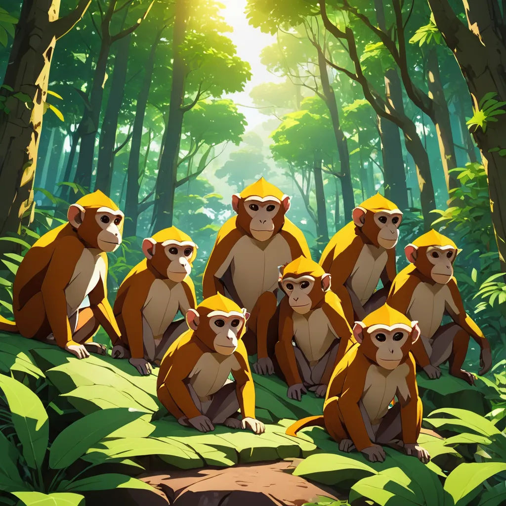 a group of monkeys sitting on a lush green forest floor next to a forest filled with trees and bushes, primitivism, a poster, Chris LaBrooy, official art