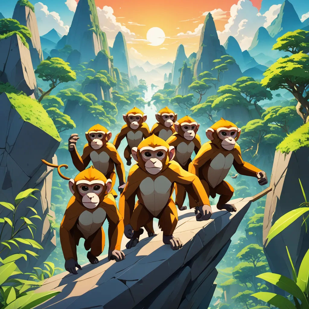 a group of monkeys standing on a cliff in the jungle with a sunset in the background and a mountain range in the background, sots art, poster art, Anton Fadeev, rossdraws global illumination