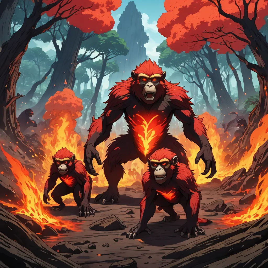 a group of gorillas standing in a forest with fire coming from their mouths and hands on their chests, sots art, concept art, Alex Petruk APe, official art