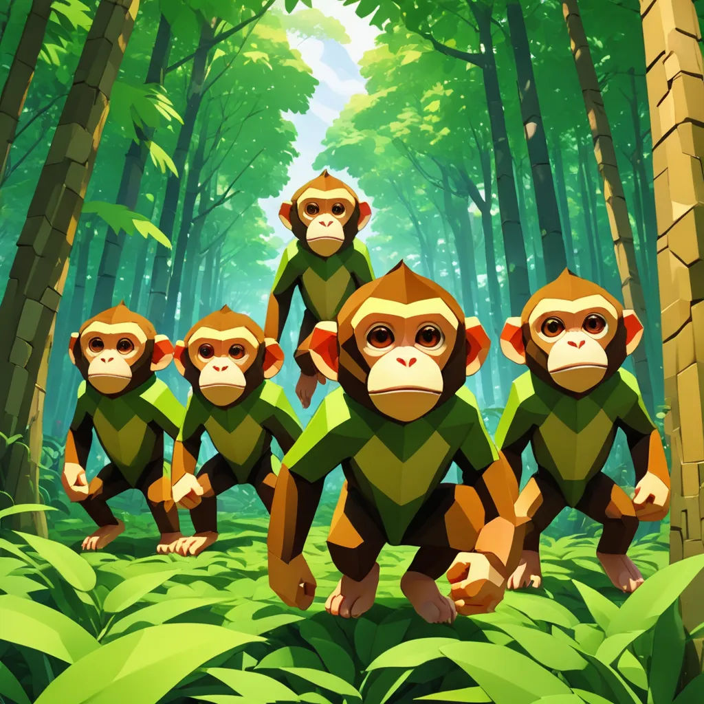 a group of monkeys standing in the middle of a forest with trees and bushes in the background, with a man in the middle of the group, serial art, concept art, Chris LaBrooy, rossdraws global illumination