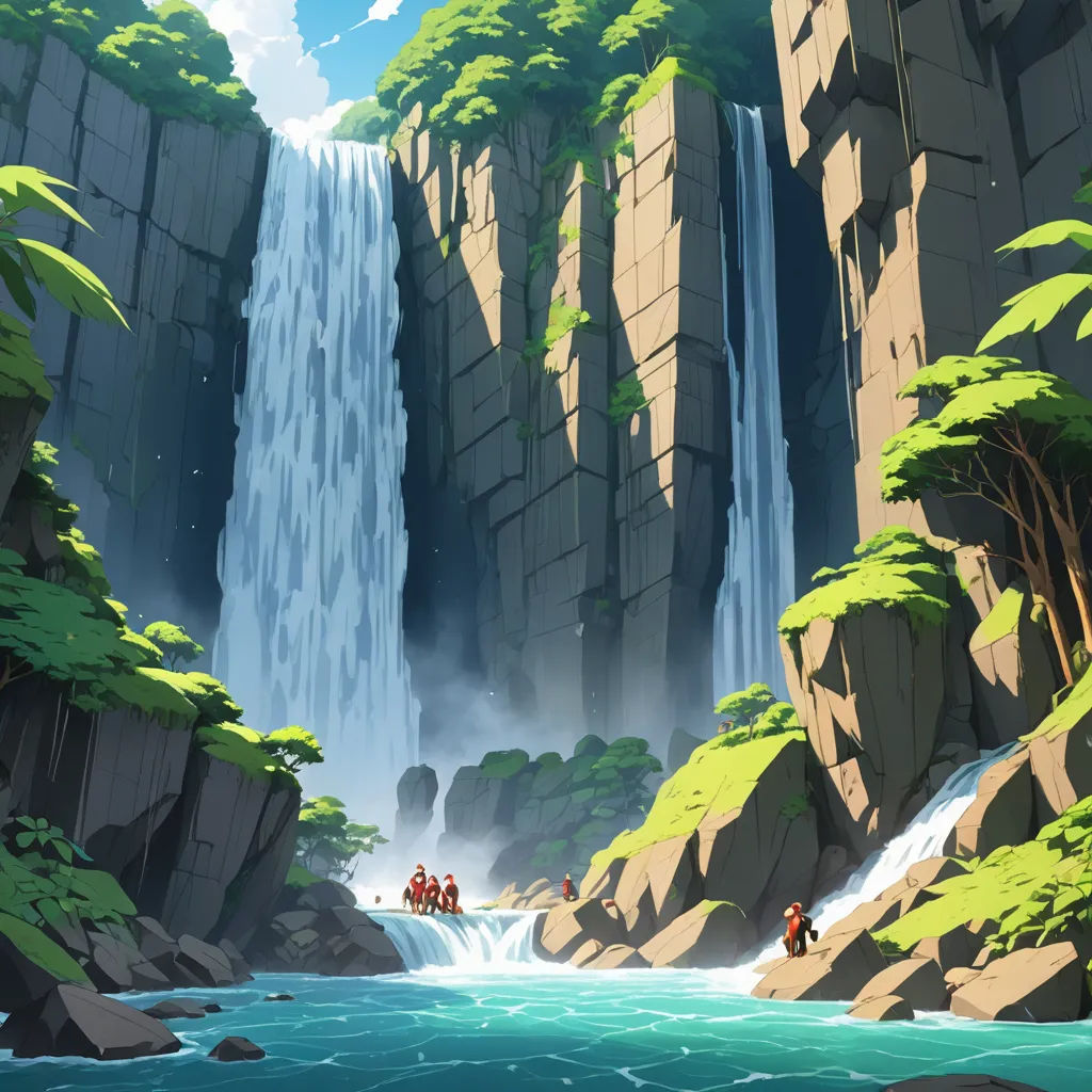a waterfall with people riding on it near a forest and rocks in the background, with a river running between them, environmental art, a detailed matte painting, Andreas Rocha, ghibli
