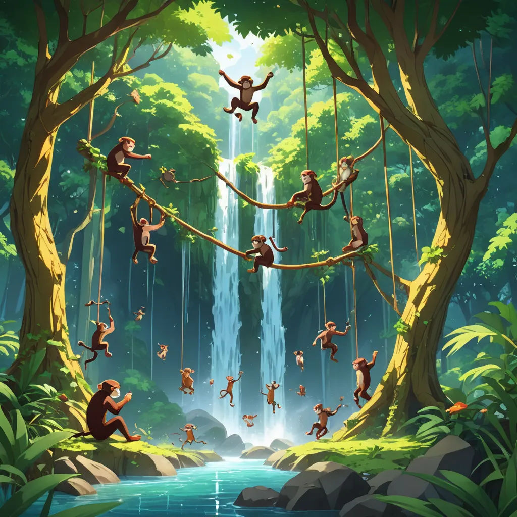 a group of monkeys hanging from a tree in front of a waterfall with a waterfall in the background and a group of monkeys hanging from a tree, fantasy art, a storybook illustration, Chris LaBrooy, rossdraws global illumination