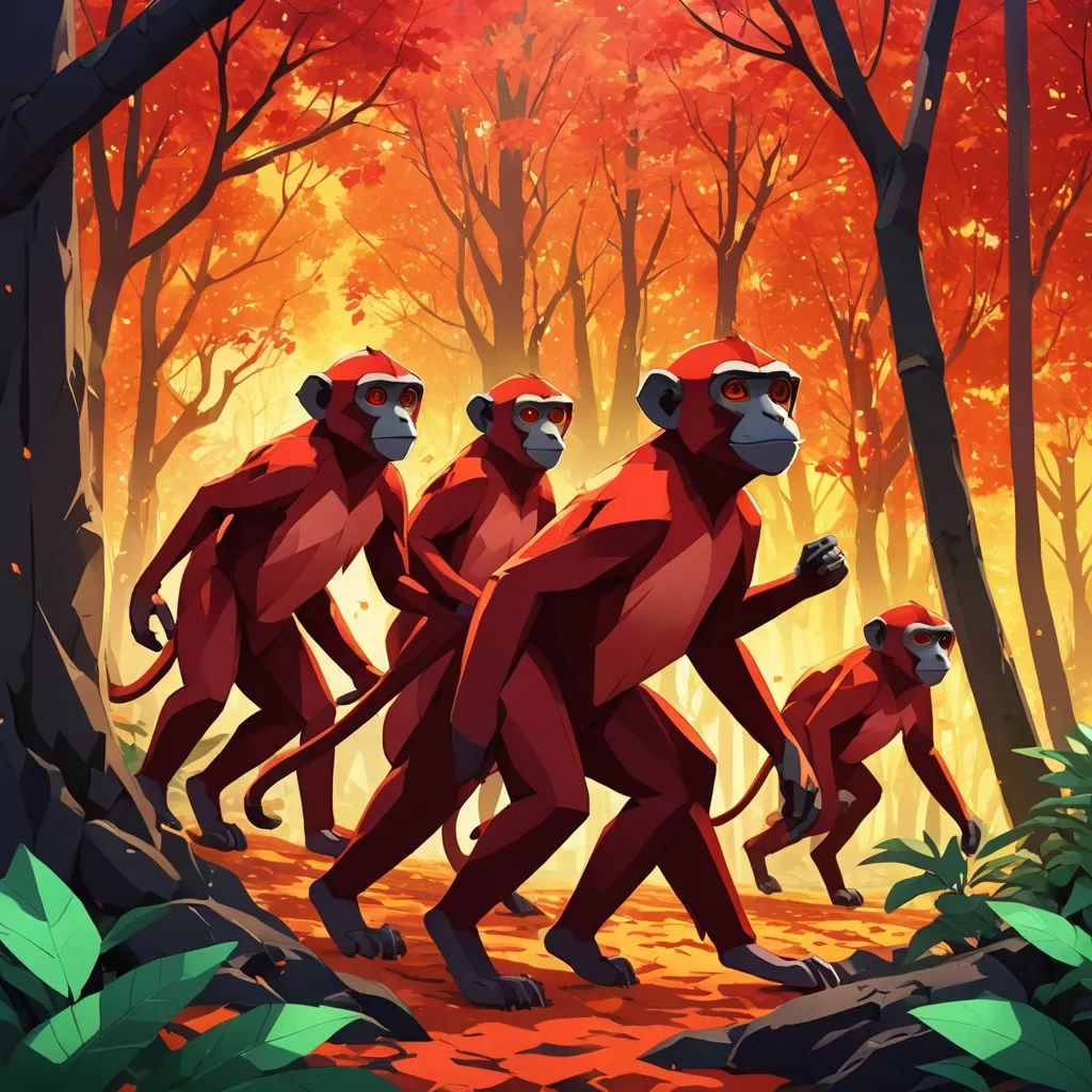 a group of monkeys walking through a forest with trees and leaves in the background, with a red sky, primitivism, an album cover, Chris LaBrooy, rossdraws global illumination