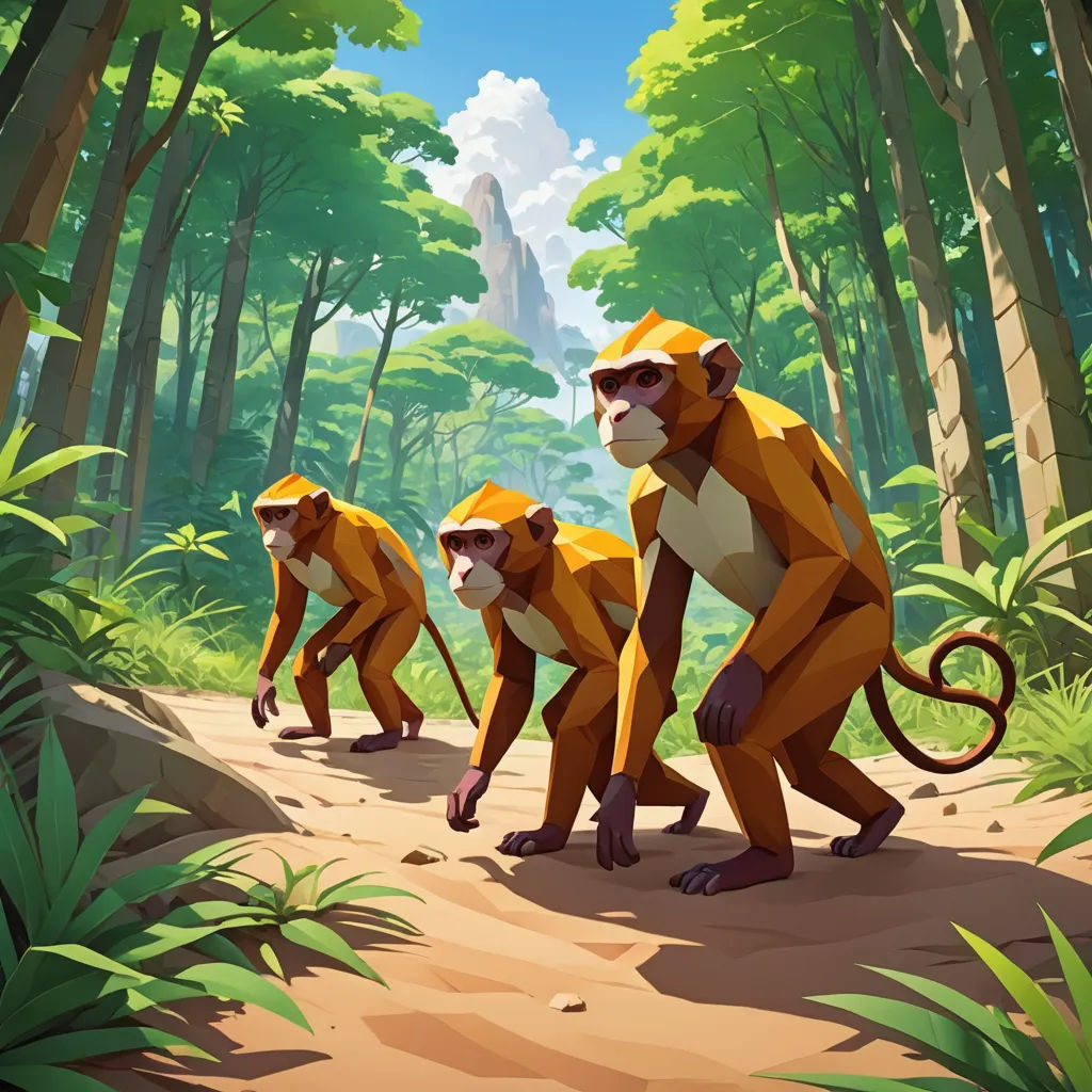 a group of monkeys walking through a forest on a sunny day with trees and bushes in the background,, primitivism, concept art, Chris LaBrooy, rossdraws global illumination