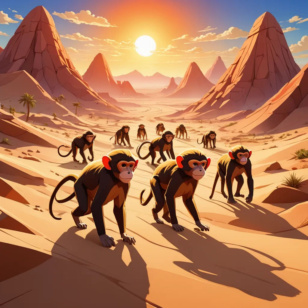 a group of monkeys walking across a desert under a sunset sky with mountains in the background and a sun setting, dau-al-set, a detailed matte painting, Chris LaBrooy, rossdraws global illumination