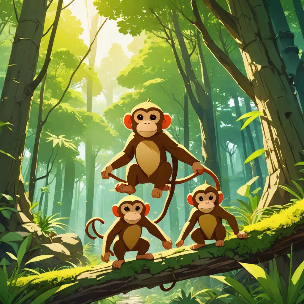 a group of monkeys sitting on a tree branch in a forest with sunlight shining through the trees and a stream running through the forest, primitivism, a storybook illustration, Chris LaBrooy, rossdraws global illumination