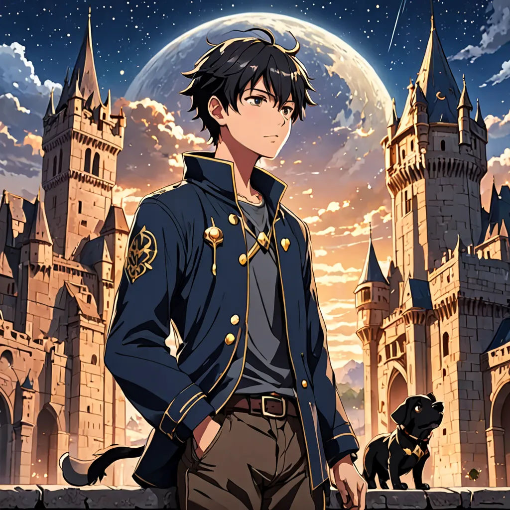 a man in uniform standing in front of a castle with a dog on the ground next to him and a full moon in the background, rayonism, a character portrait, Everett Warner, anime key visual