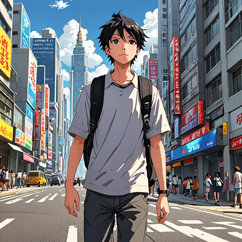 a man walking down a street in a city with tall buildings and a sky background with clouds and buildings, photorealism, a manga drawing, Cedric Seaut (Keos Masons), anime key visual