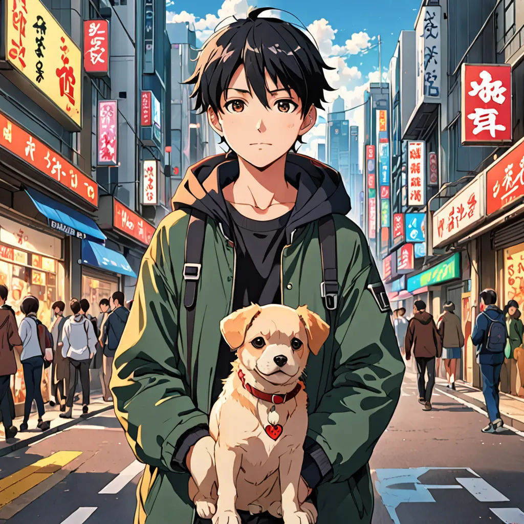 a man holding a dog in a city street with people walking around him and buildings in the background with asian characters, sots art, a character portrait, Ai-Mitsu, anime key visual
