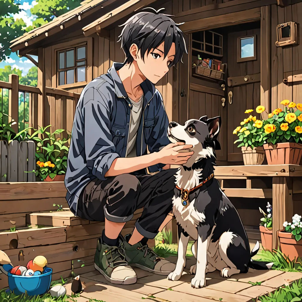 a man kneeling down next to a dog on a wooden deck next to a flower pot and a building, sots art, an album cover, Anne Said, official art