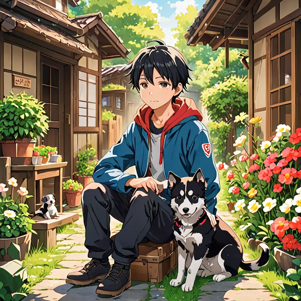 a man sitting on a bench next to a dog and a house with flowers in the background and a dog sitting on the ground, aestheticism, an album cover, Ai-Mitsu, anime key visual