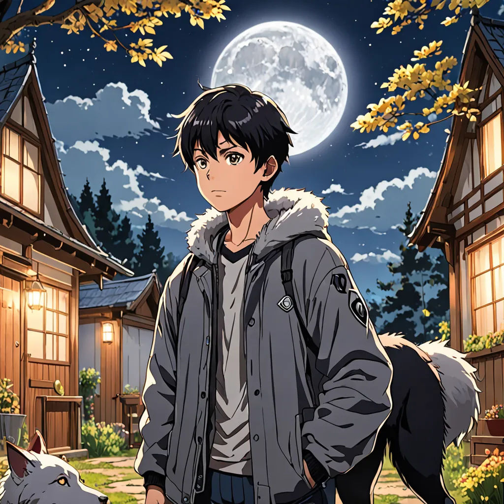 a man standing in front of a wolf in a forest with a full moon in the background and a dog in the foreground, sots art, a character portrait, Adam Manyoki, official art