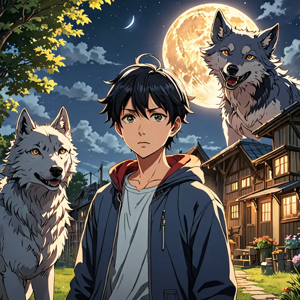 a man standing next to two wolfs in front of a house at night with a full moon in the background, rayonism, a character portrait, Anne Said, official art