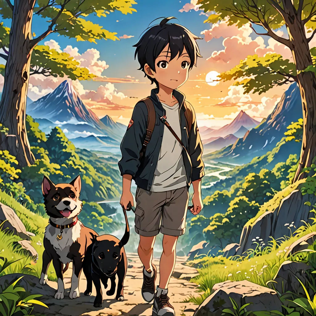 a boy and a dog are walking in the woods together, with a mountain in the background and a sunset in the sky, environmental art, poster art, Ai-Mitsu, anime key visual