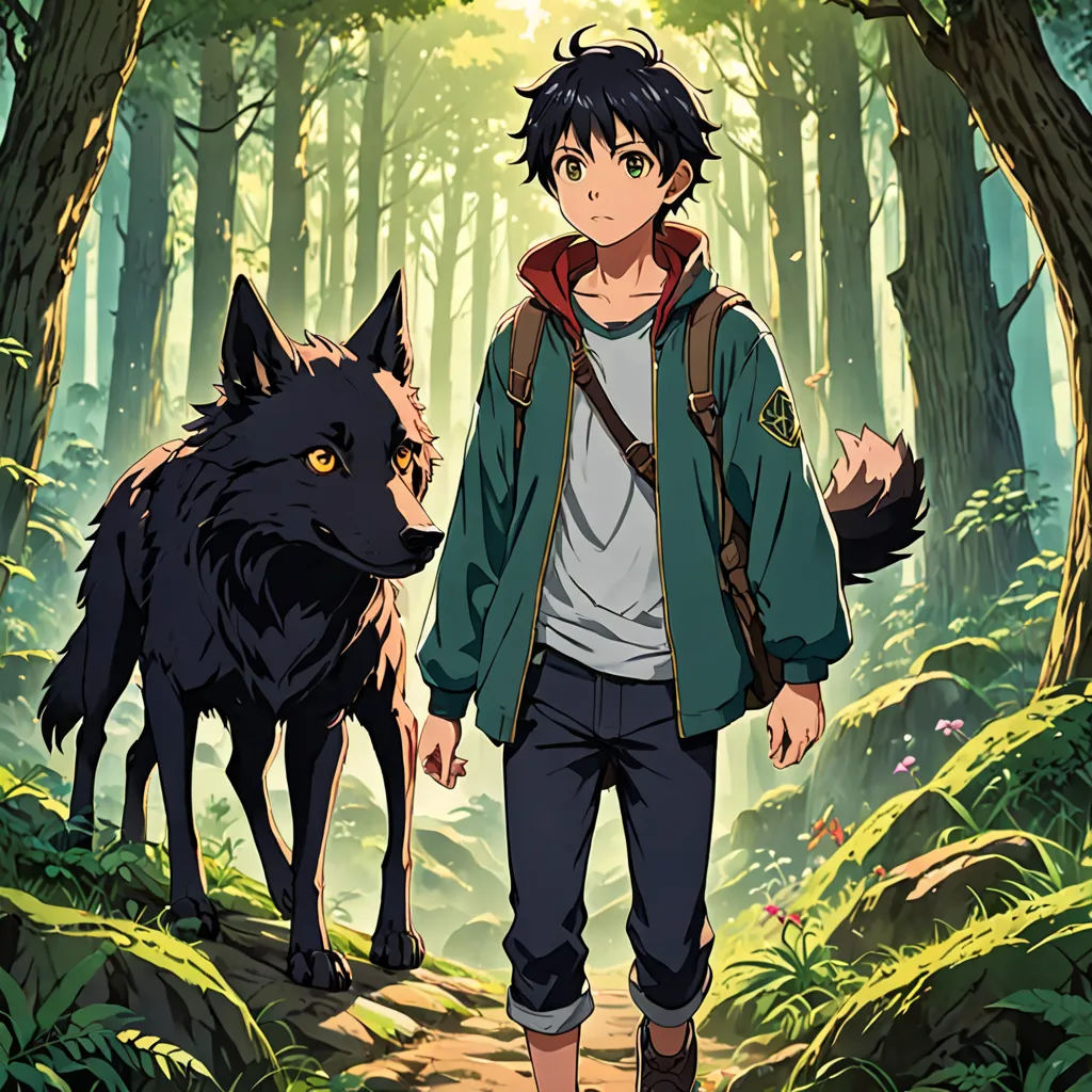 a man walking through a forest next to a wolf on a forest floor with trees and bushes behind him, environmental art, a character portrait, Cedric Seaut (Keos Masons), official art