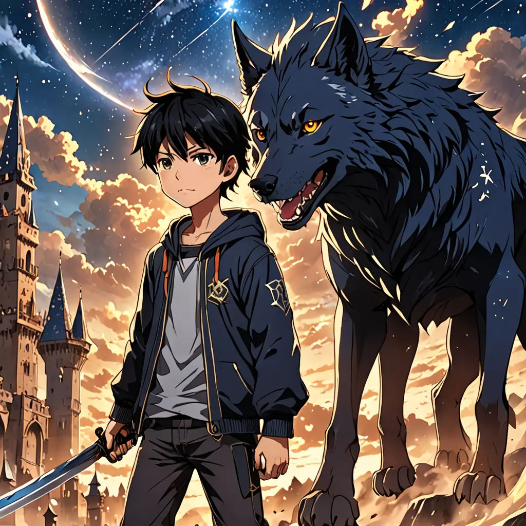 a boy and a wolf standing in front of a castle with a sky background and stars and clouds, with a full moon in the background, rayonism, poster art, Cedric Seaut (Keos Masons), anime key visual