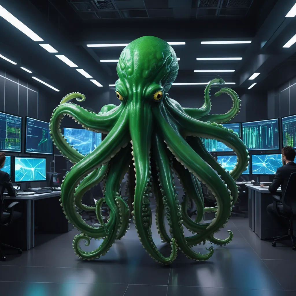 a giant green octopus sitting in an office cubicle with monitors and a man sitting at a desk in front of it, computer art, computer graphics, Filip Hodas, unreal engine 5 quality render