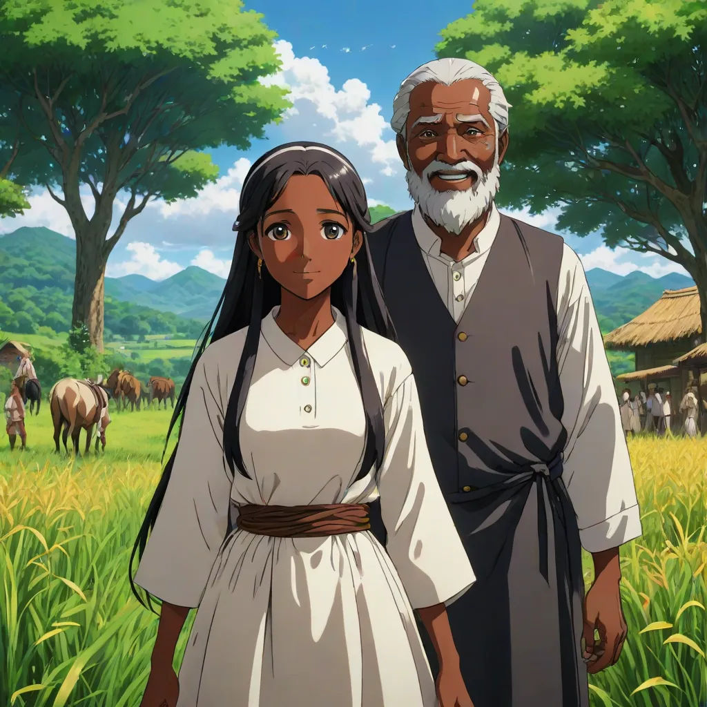 a man and a woman standing in a field with animals in the background and trees in the background, with a sky background, concept art, Anne Said, afrofuturism, official art