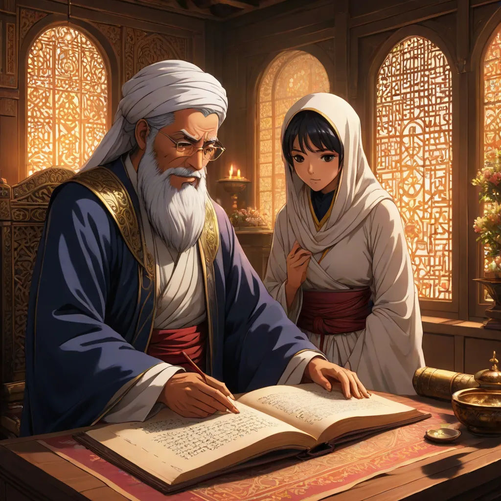 a man and woman sitting at a table with an open book in front of them, with a candle in the background, a storybook illustration, Aya Goda, fantasy art, official art
