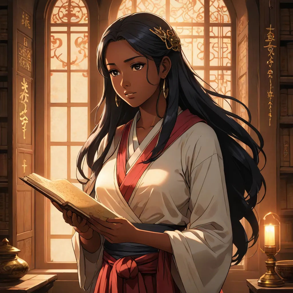 a woman in a white and red dress holding a book in her hands and looking at the camera with a window behind her, a character portrait, Artgerm, sots art, cushart krenz
