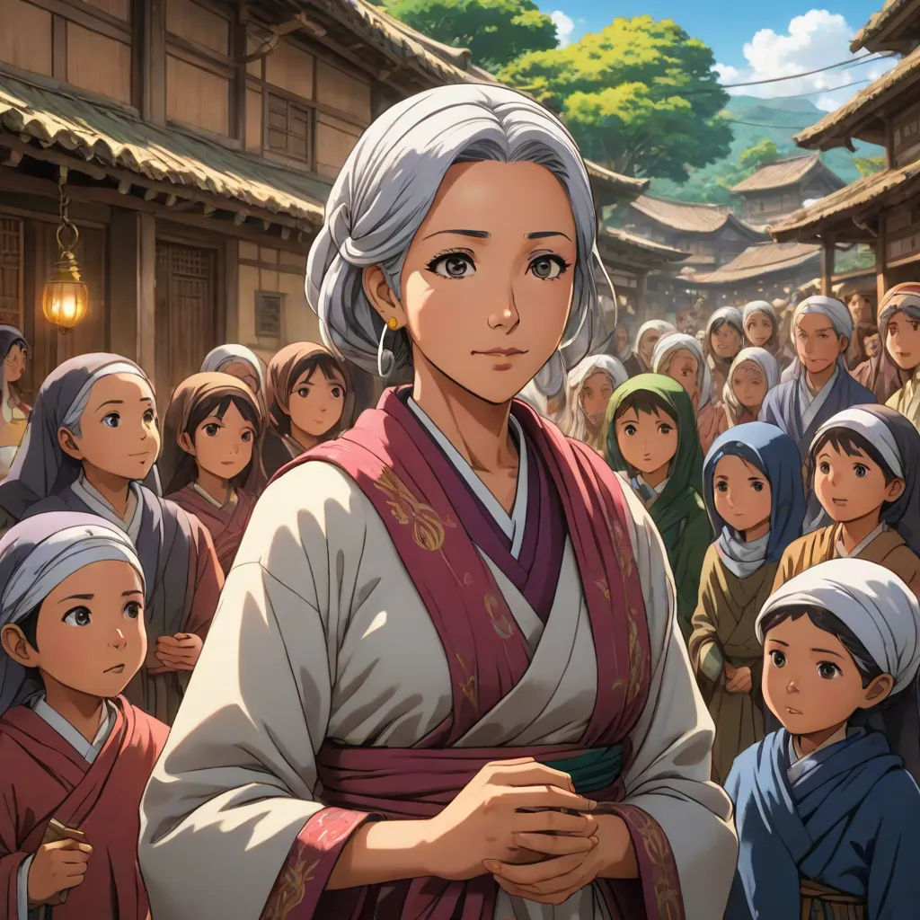 a woman in a crowd of people in a village with a sky background and a person in a white robe, a character portrait, Ayako Rokkaku, remodernism, official art