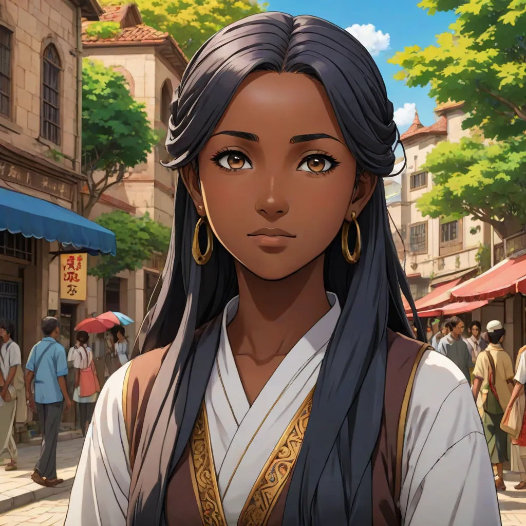 a woman with long black hair and a white shirt on a street with people walking around her and a blue umbrella, a character portrait, Cedric Seaut (Keos Masons), cloisonnism, official art