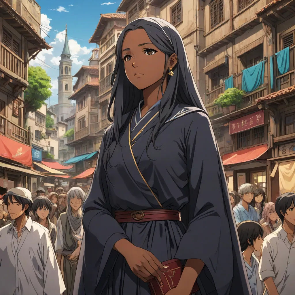 a woman in a blue dress standing in front of a crowd of people in a city street with buildings, concept art, Chizuko Yoshida, fantasy art, official art