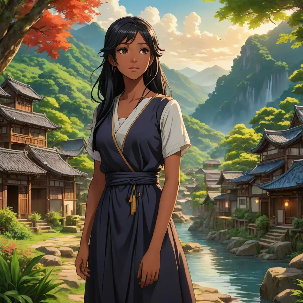 a woman in a blue dress standing in front of a mountain village with a river and trees in the background, a detailed matte painting, Cedric Seaut (Keos Masons), fantasy art, official art