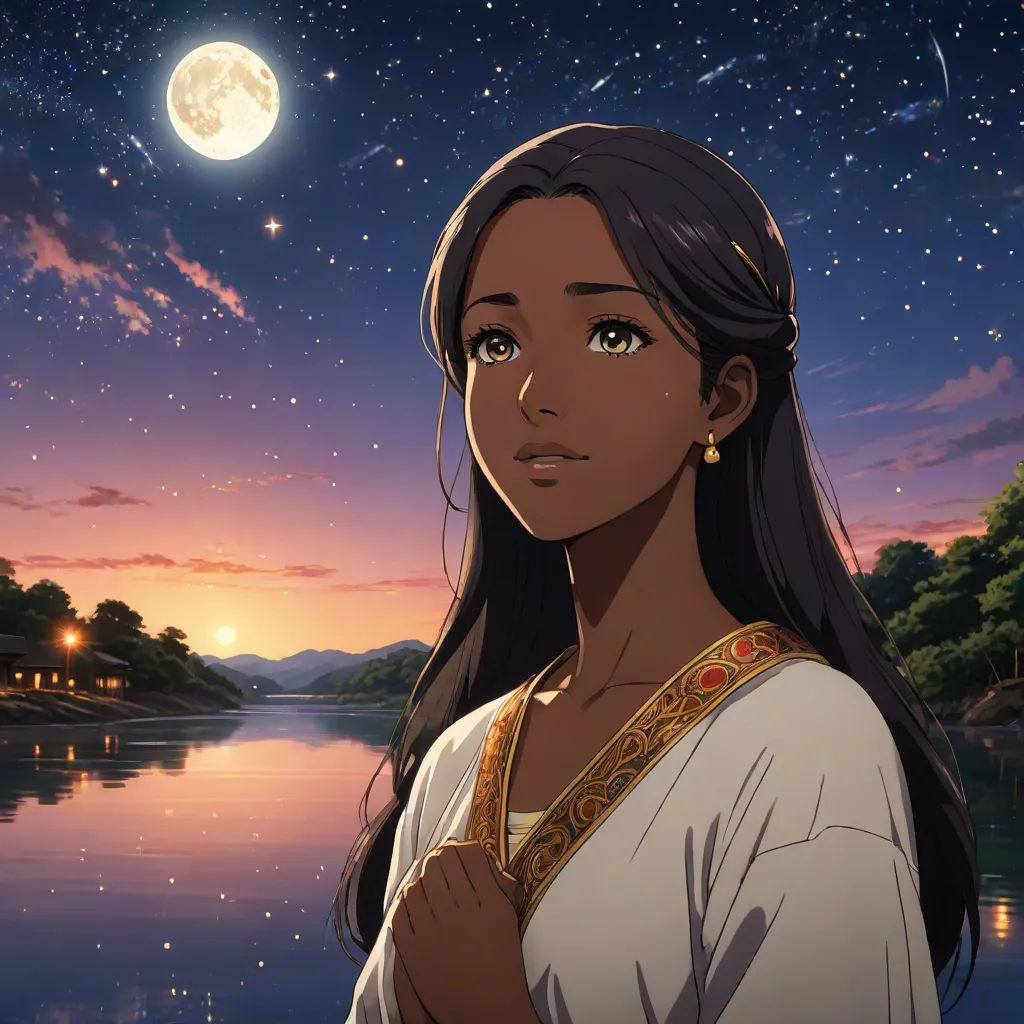 a woman standing in front of a lake at night with a full moon in the background and stars in the sky, a character portrait, Chizuko Yoshida, sots art, official art