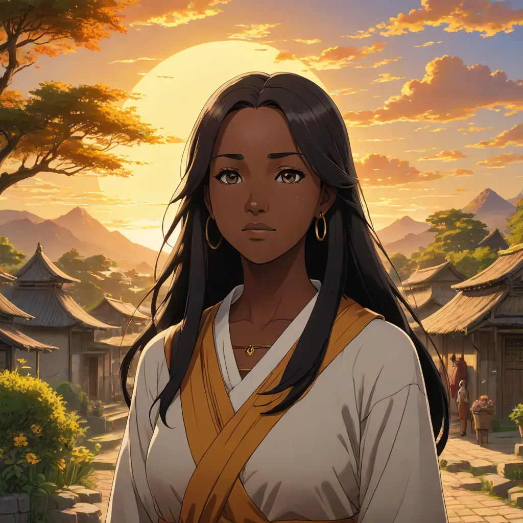a woman in a white shirt and yellow scarf standing in front of a sunset with a village in the background, a character portrait, Cedric Seaut (Keos Masons), cloisonnism, official art