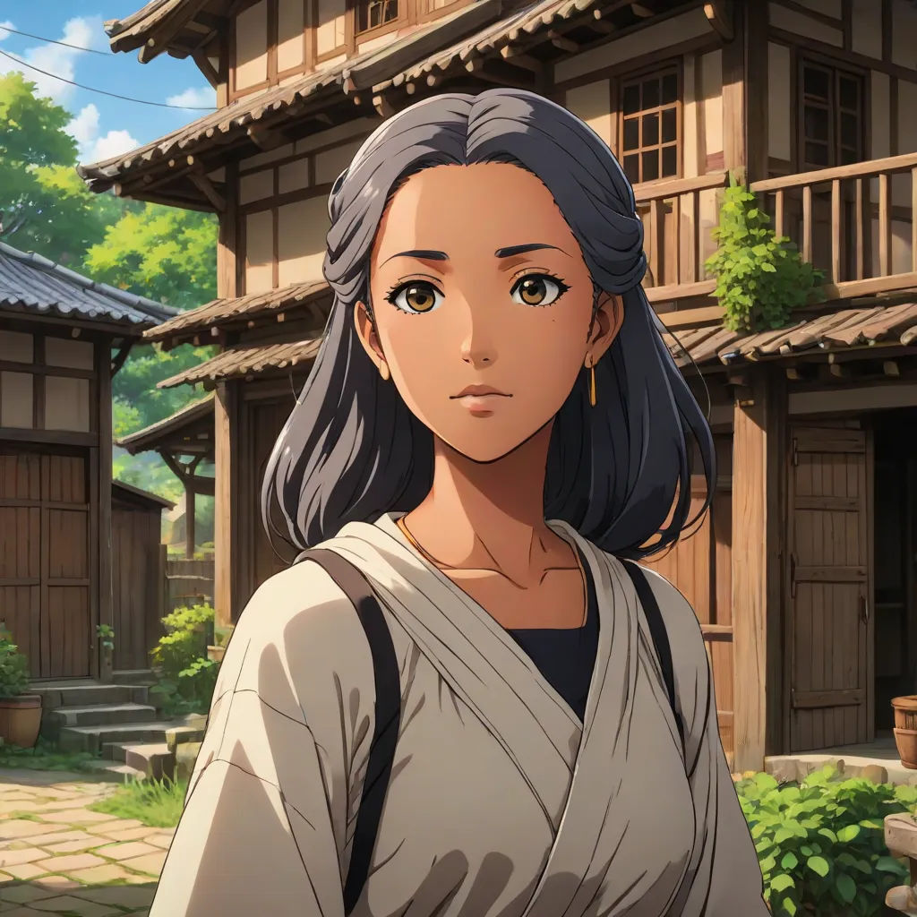 a woman standing in front of a building with a tree in the background and a sky background with clouds, a character portrait, Chizuko Yoshida, sots art, official art
