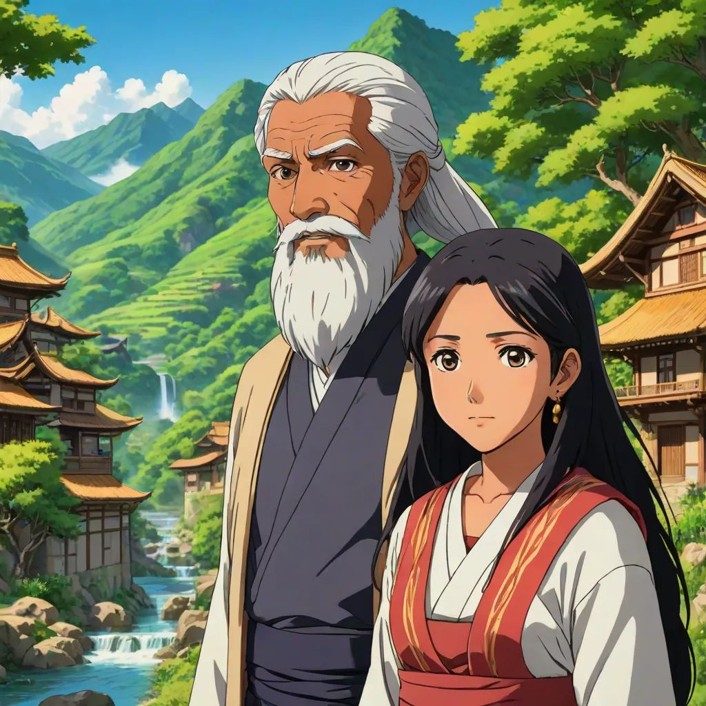 a man and a woman standing in front of a mountain with a river in the background and a forest in the foreground, concept art, Emperor Huizong of Song, cloisonnism, official art