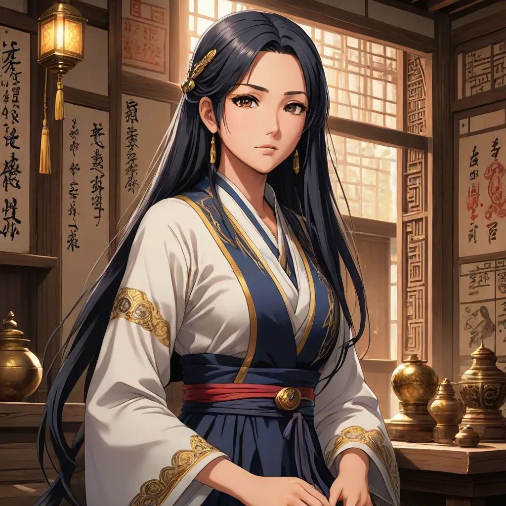 a woman in a blue and white dress standing in front of a window with oriental writing on it and a lantern, a character portrait, Du Qiong, sots art, official art